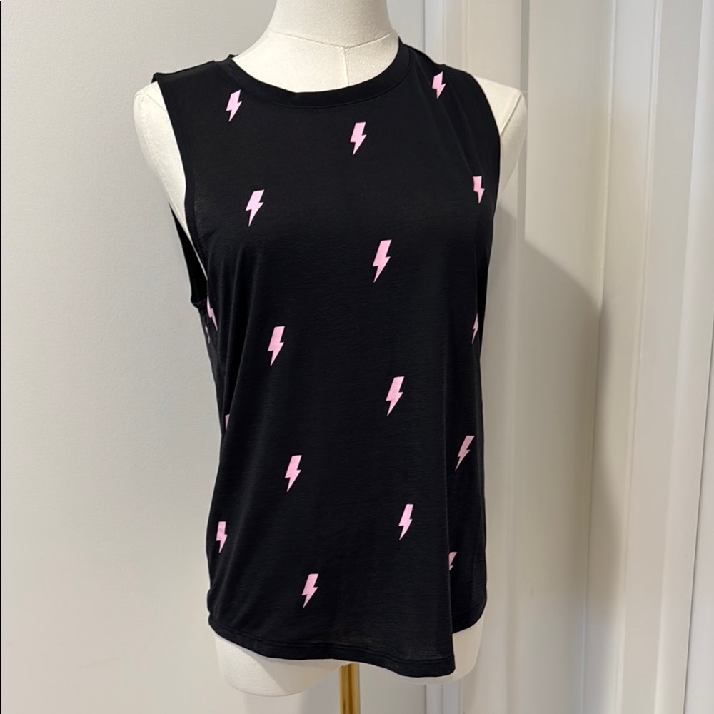 Spiritual Gangster Pink and Black Relaxed Muscle Tee with Lightning Bolts
